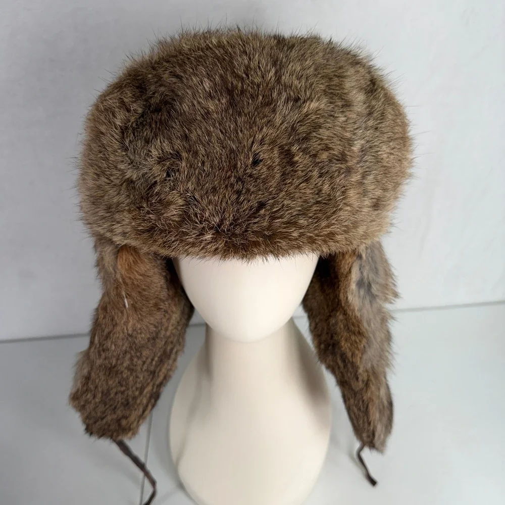 Vintage Trapper Hat Ushanka Real Rabbit Fur Ear Flaps Brown Gorpcore Aviator Hat